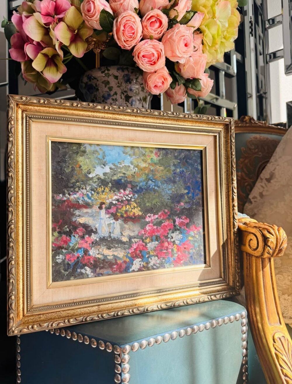 Vintage Impressionist Garden Oil Painting in Ornate Gold Frame – Signed